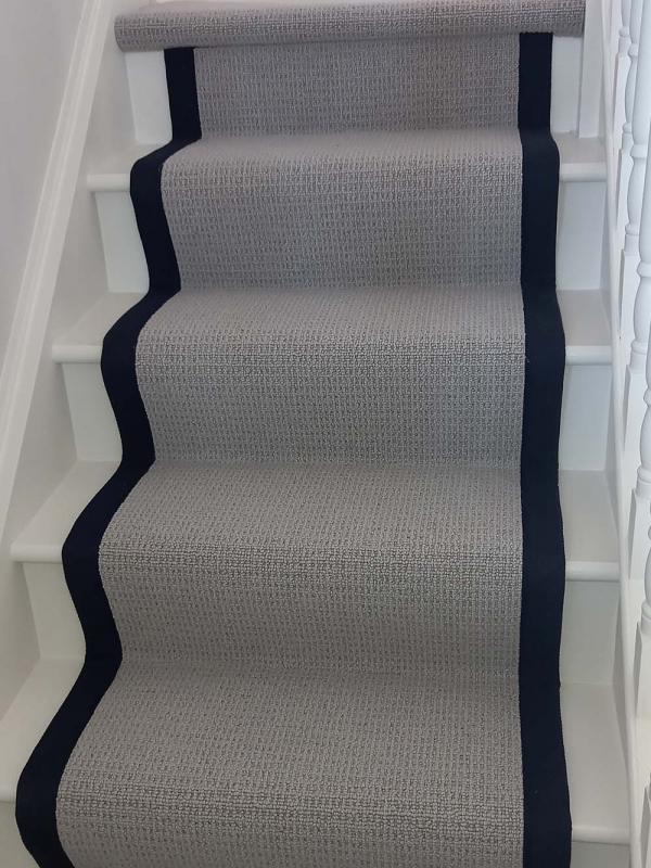 Belvedere Ash Runner with navy trim on stairs